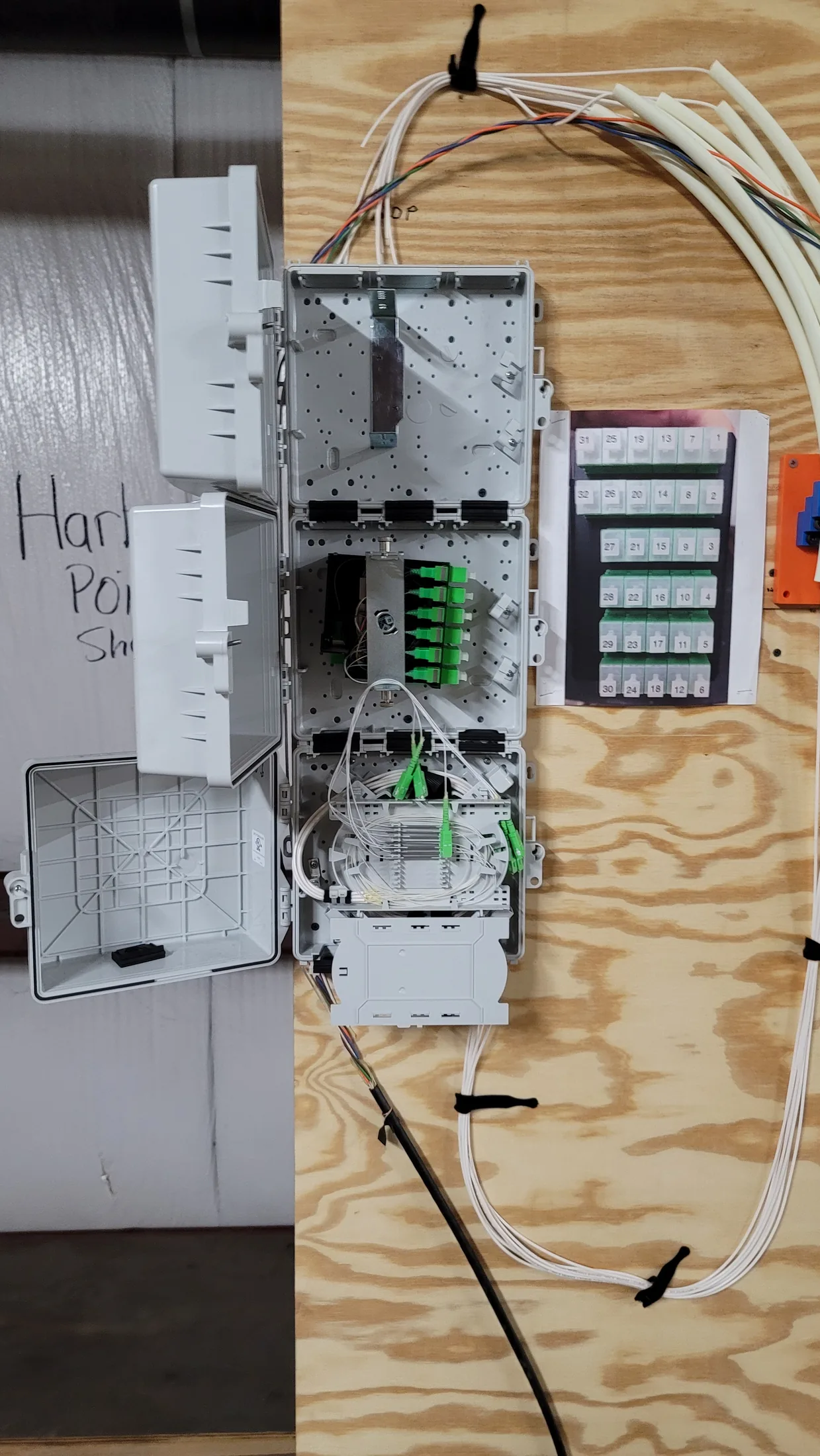 Issued lab still, 2020-09-29: open enclosure with a taped printed port-map schematic